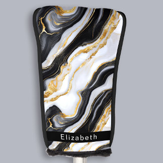 Modern Black White Gold Marble Personalised Golf Head Cover