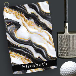 Modern Black White Gold Marble Personalised Golf Towel