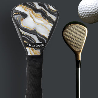 Modern Black White Gold Marble Personalized Golf Head Cover