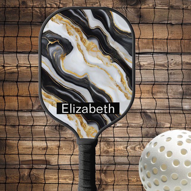 Modern Black White Gold Marble Personalized Pickleball Paddle (Creator Uploaded)