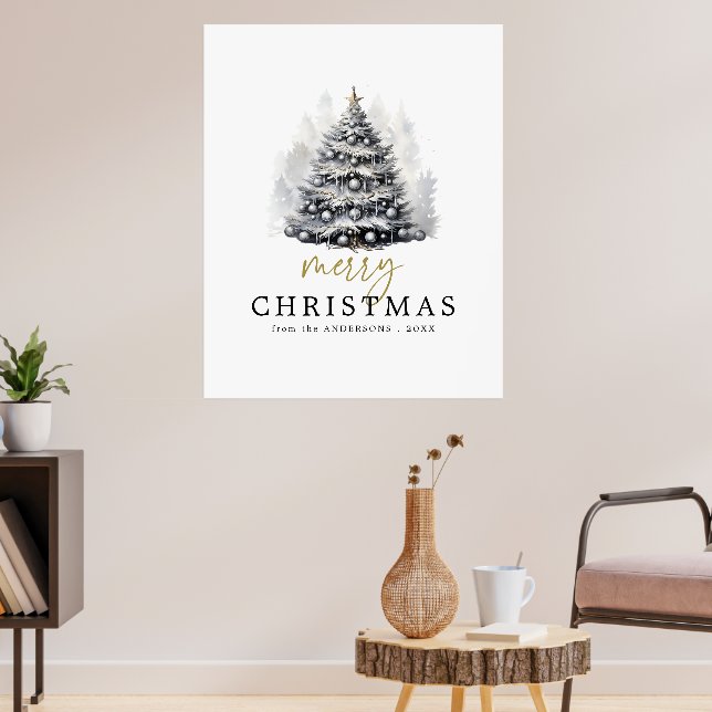 Modern Black & White Gold Merry Christmas Tree Poster (Living Room 3)