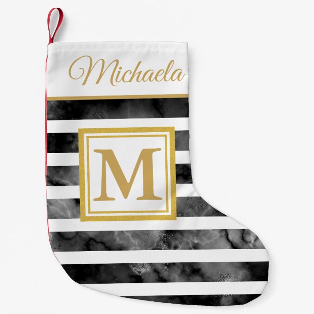 Modern Black White Gold Monogram Initial Name Small Christmas Stocking (Front)