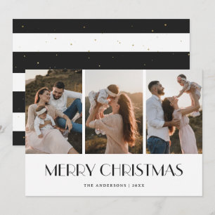 Modern Black White Gold Photo Collage Christmas Holiday Card