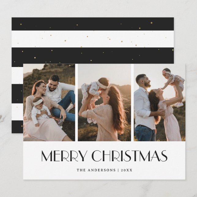 Modern Black White Gold Photo Collage Christmas Holiday Card (Front/Back)