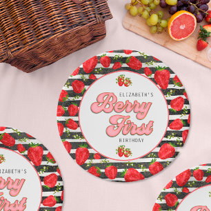 Modern Black White Gold Red Strawberry Berry First Paper Plate