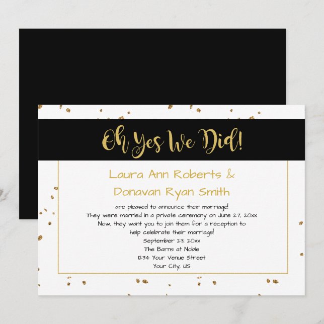 Modern Black White Gold Sparkles Reception Only Invitation (Front/Back)