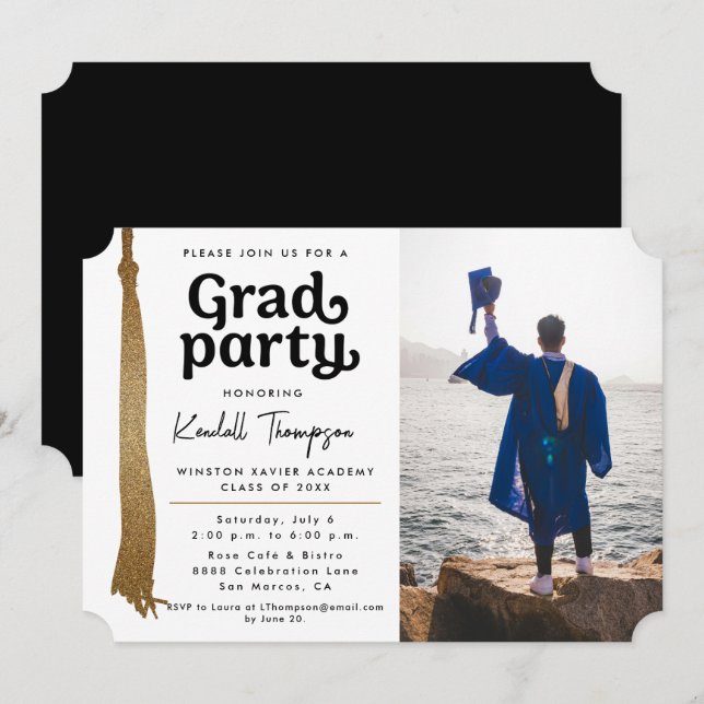 Modern Black White Gold tassel Grad Party photo Invitation (Front/Back)