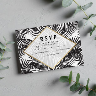 Modern black white gold tropical floral RSVP cards