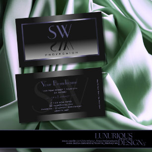 Modern Black White Gradient Blue Frame Monogram Business Card