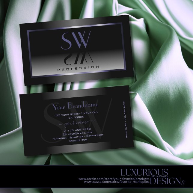 Modern Black White Gradient Blue Frame Monogram Business Card (Creator Uploaded)