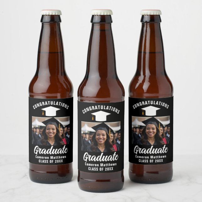 Modern Black White Graduate Photo Graduation Party Beer Bottle Label (Bottles)