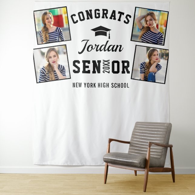 Modern Black White Graduation Photo Booth Backdrop Tapestry (In Situ)