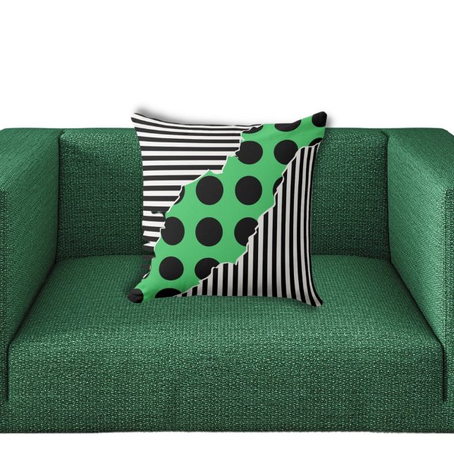 Modern Black, White & Green Layered Stripes Dots Cushion (Flow of Black Circles)