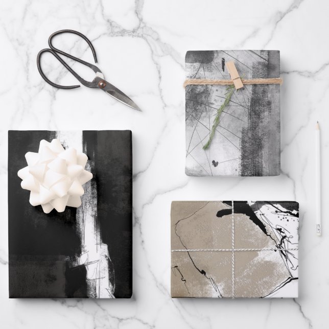 Modern Black White Grey rustic abstract Wrapping Paper Sheet (Front)