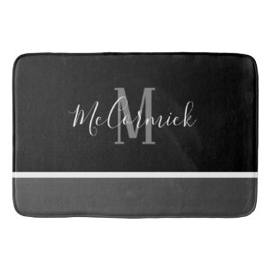 Modern Black White Grey Striped Script Monogram Bath Mat