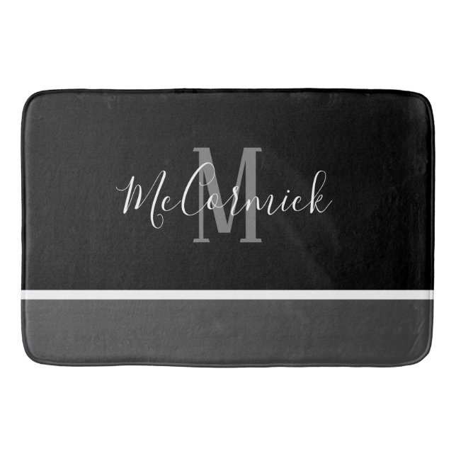 Modern Black White Grey Striped Script Monogram Bath Mat (Front)