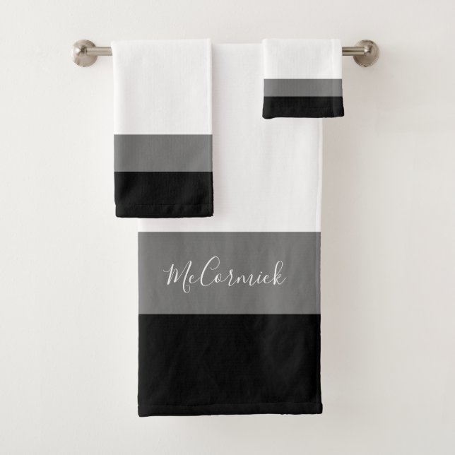 Modern Black White Grey Stripes Script Monogram Bath Towel Set (Insitu)