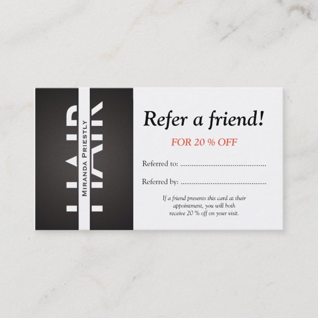 Modern Black White Hair Makeup Refer a Friend Card (Front)