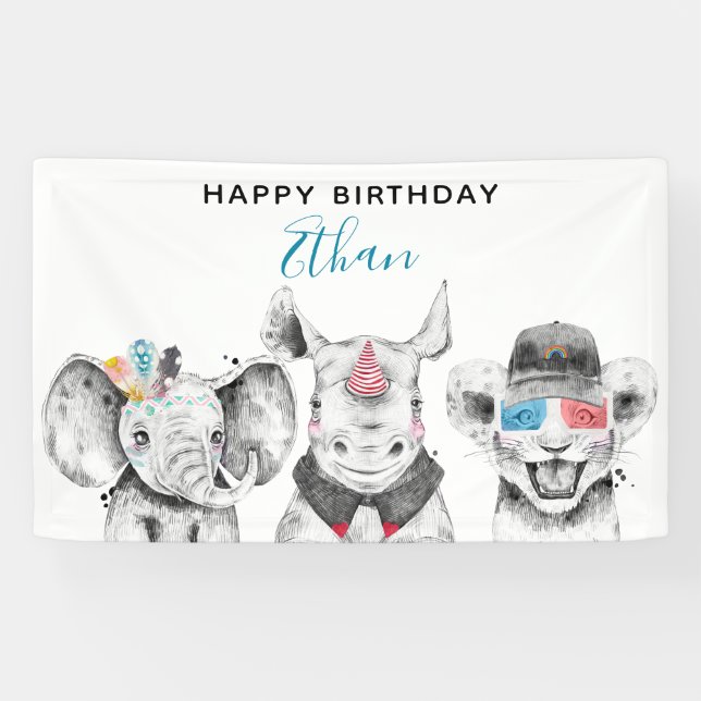 Modern Black & White Hand Drawn Safari Birthday Banner (Horizontal)