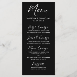 Modern Black White Hand Lettered Script Wedding Menu
