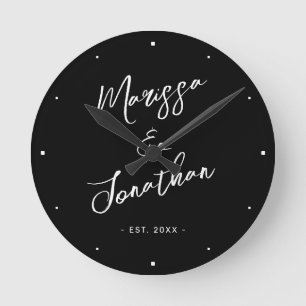 Modern Black White Hand Lettered Script Wedding Round Clock