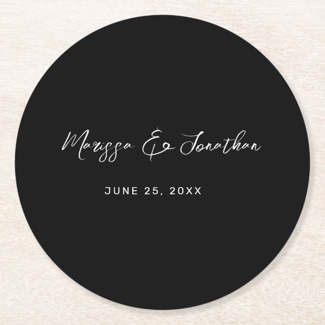 Modern Black White Hand Lettered Script Wedding Round Paper Coaster (Front)