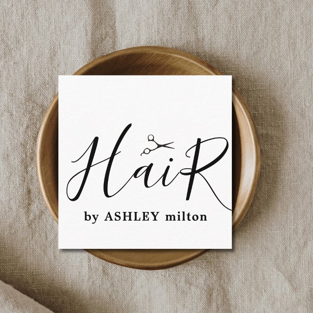 Modern Black White Handwritten Hair Stylist Square Business Card (Creator Uploaded)