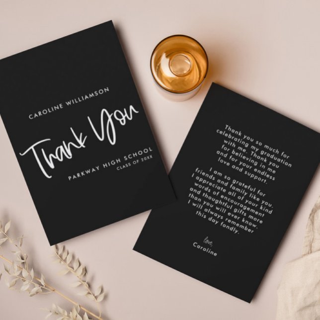 Modern Black & White Handwritten Script Graduation Thank You Card (Creator Uploaded)