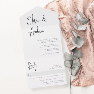 Modern Black & White Handwritten Script Wedding All In One Invitation