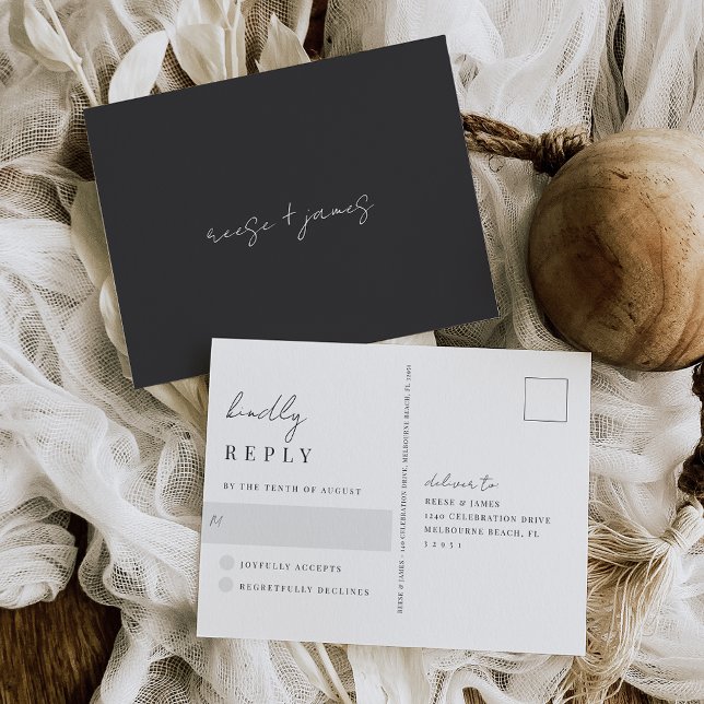 Modern Black & White Handwritten Wedding RSVP Postcard (Creator Uploaded)