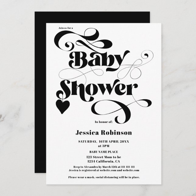 Modern black white heart script bold baby shower invitation (Front/Back)