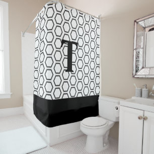 Modern Black White Hexagon Honeycomb Initial Shower Curtain