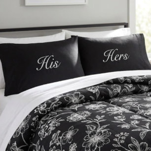 Modern Black White His and Hers Pillowcase
