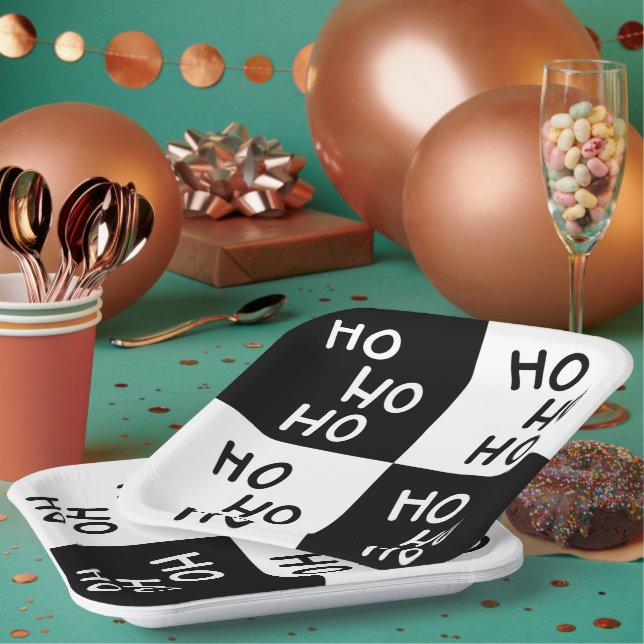 Modern Black White Ho Ho Santa Laugh Christmas Paper Plate (Multi)