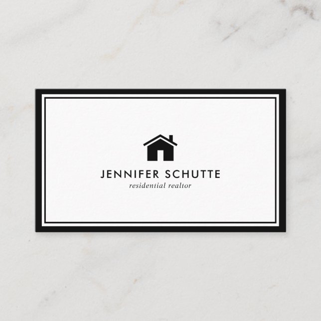 Modern Black & White Home Logo Real Estate Broker Business Card (Front)