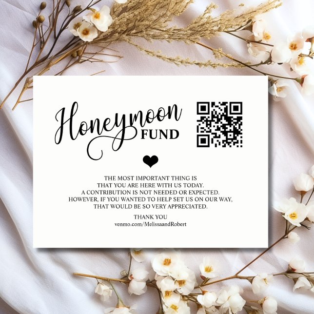 Modern Black & White Honeymoon Fund + QR Code Enclosure Card (Modern Black & White Honeymoon Fund + QR Code Enclosure Card | Classic heart)