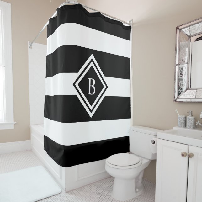 Modern Black White Horizontal Stripes Monogram Shower Curtain (In Situ)