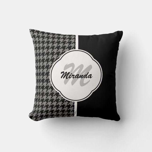 Modern Black White Houndstooth Monogram and Name Cushion (Front)