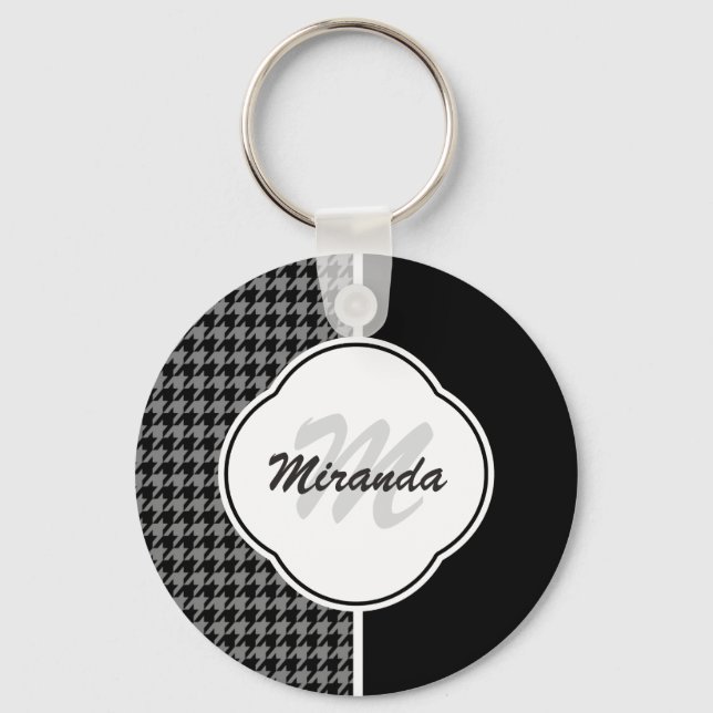Modern Black White Houndstooth Monogram and Name Key Ring (Front)