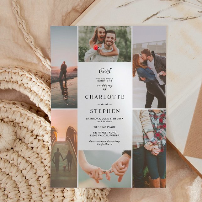 Modern black white initials photo grid wedding invitation (Creator Uploaded)