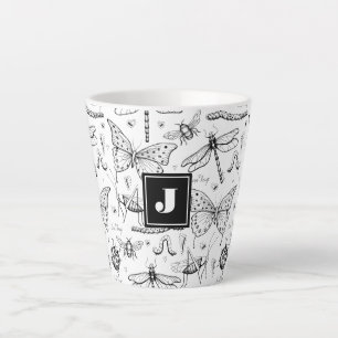 Modern Black & White Insect Illustration Monogram Latte Mug