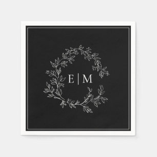 Modern Black White Leafy Crest Monogram Wedding Napkin