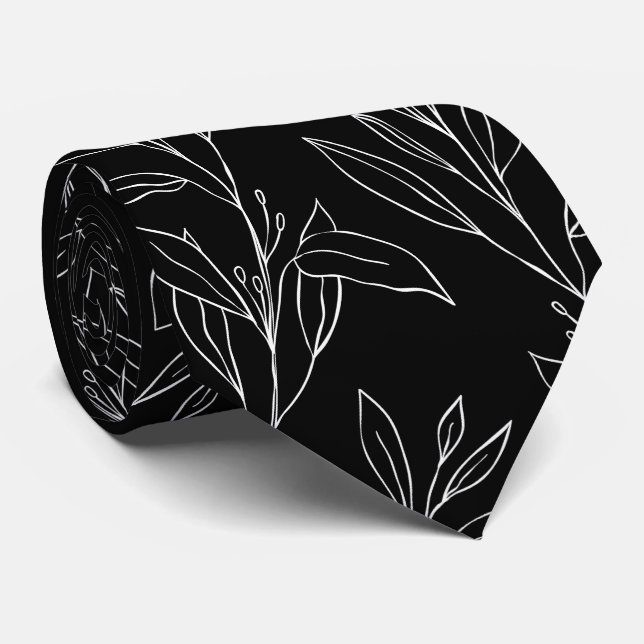 Modern Black & White Leafy Vine Wedding Neck Tie (Rolled)