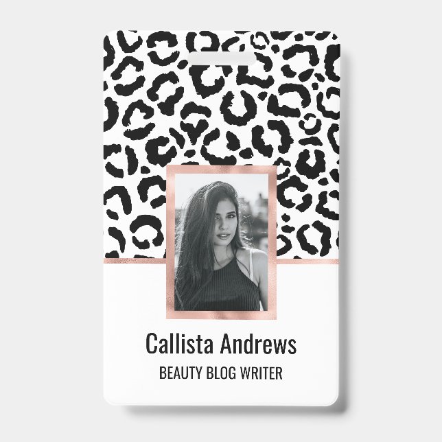 Modern Black White Leopard Animal Print Pattern ID Badge (Front)