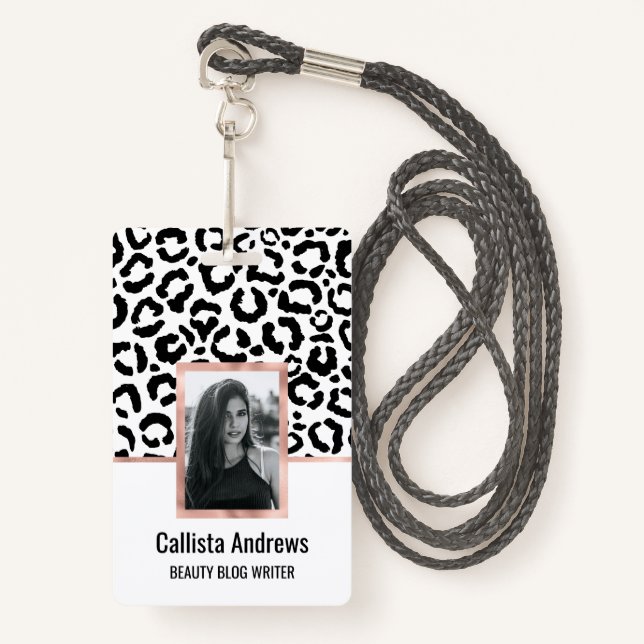 Modern Black White Leopard Animal Print Pattern ID Badge (Front with Lanyard)