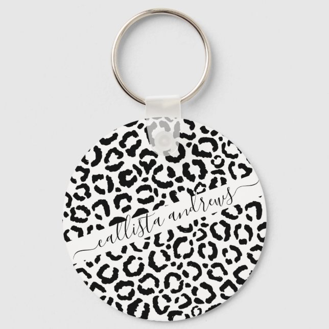 Modern Black White Leopard Animal Print Pattern Key Ring (Front)