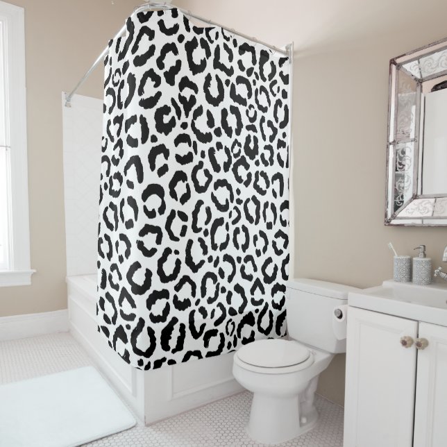 Modern Black White Leopard Animal Print Pattern Shower Curtain (In Situ)