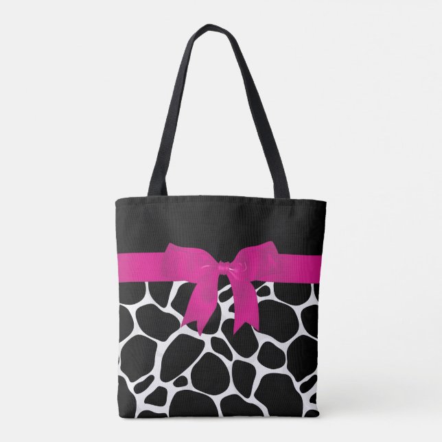 Modern Black White Leopard Print Pink Ribbon Tote Bag (Back)
