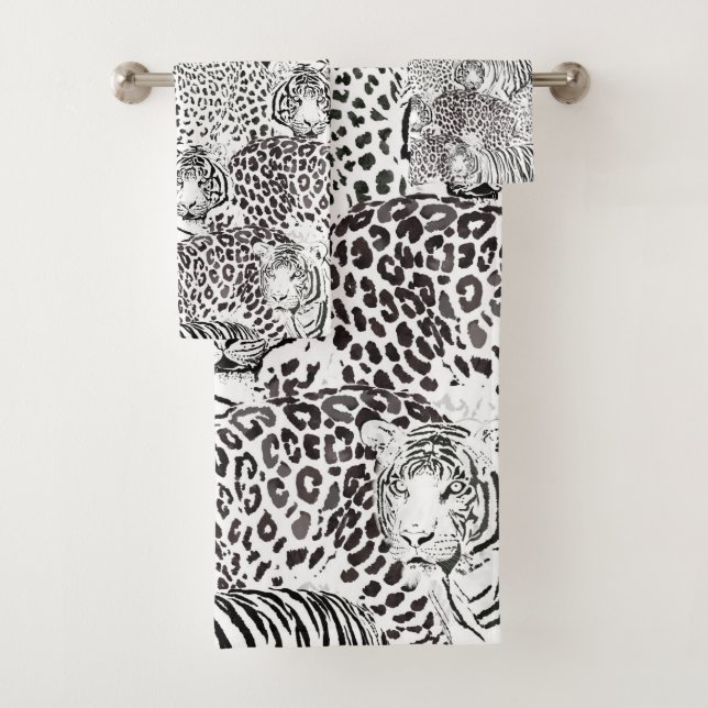 Modern Black White Leopard Tiger Animals Bath Towel Set (Insitu)