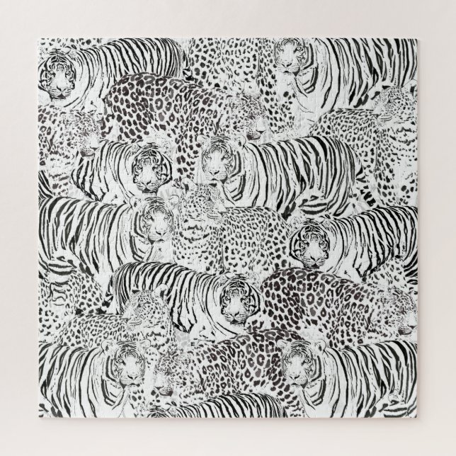 Modern Black White Leopard Tiger Animals Jigsaw Puzzle (Vertical)